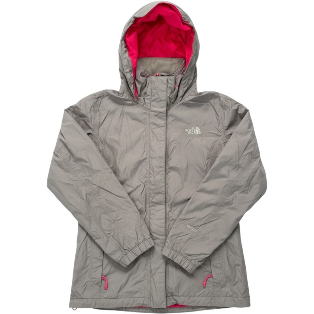 The North Face HyVent Rain Jacket Womens M Gray Pink Hooded Waterproof Shell